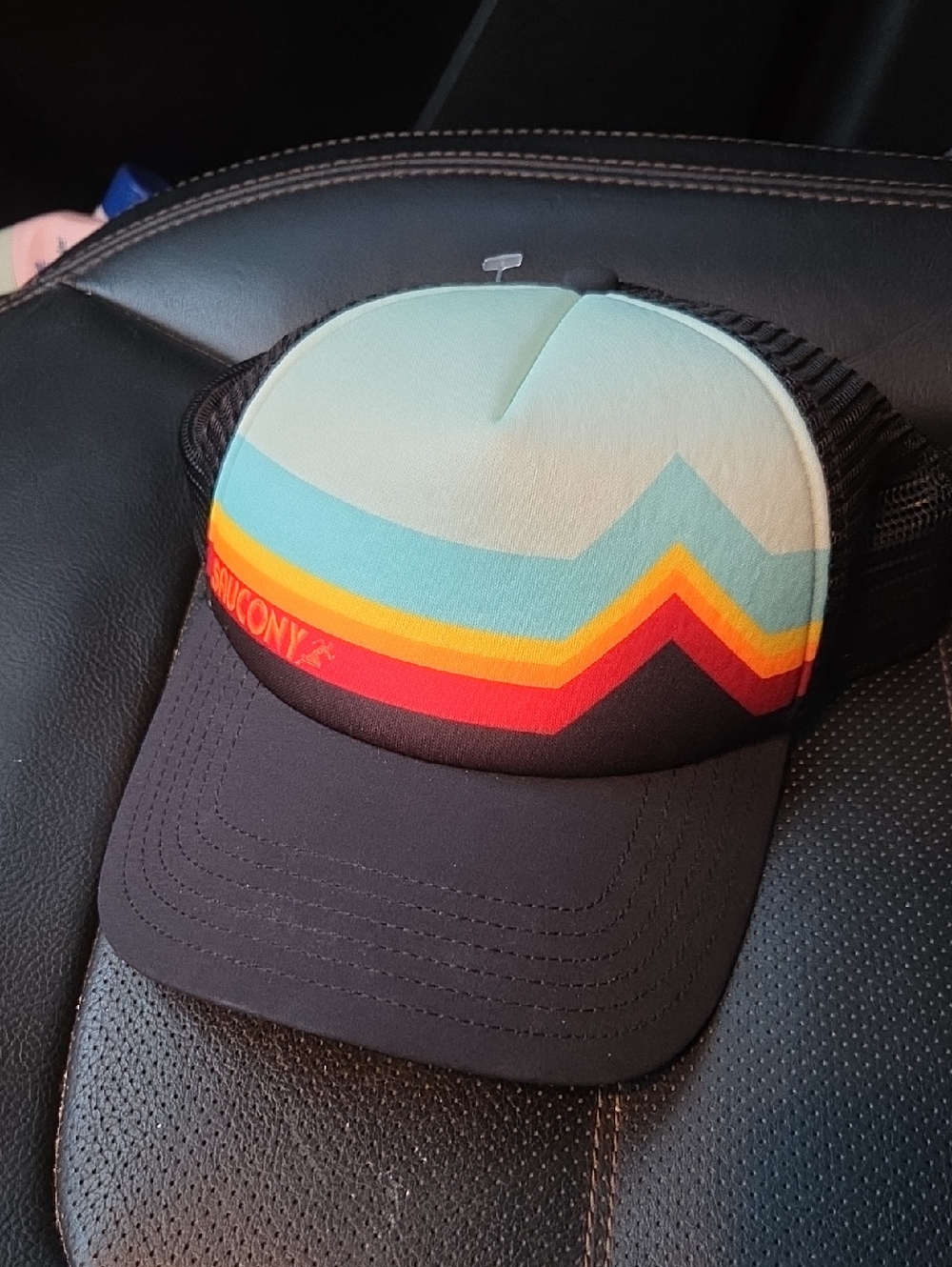 Saucony Retro Aqua Chevron Stripe Trucker Hat with Black Bill
